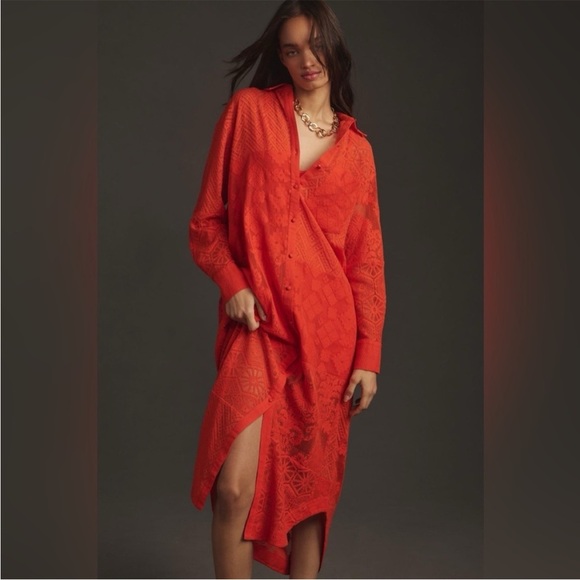 NWOT Anthropologie Maeve Long-Sleeve Collared Shirt Dress Coverup Red - Picture 2 of 16